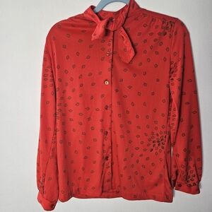 Vintage 70s Red Leaf Print Tie Neck Long Sleeve‎ Blouse Top